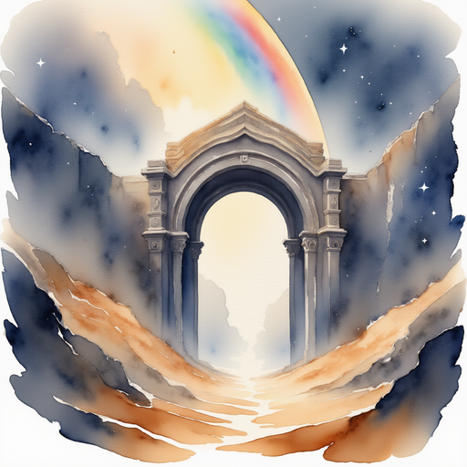 The ancient archway with faintly shimmering runes, dust swirling around the entrance In the background, a faint rainbow arcs through grayish clouds