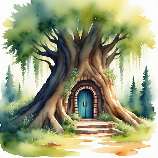 An ancient tree with a carved door stands magnificently, inviting wonder. Sun-dappled forest with gentle rays filtering through the leaves.