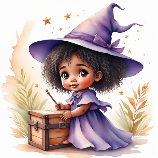 Willow Charms -who is black - is lifting the lid of the wooden chest, wand glowing gently. In the background, tree branches arch overhead.