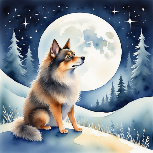 Illustrate the indigo moon shining brightly in a night sky, casting its glow over a silver landscape. In the background, an enchanted forest stretches far and wide.
