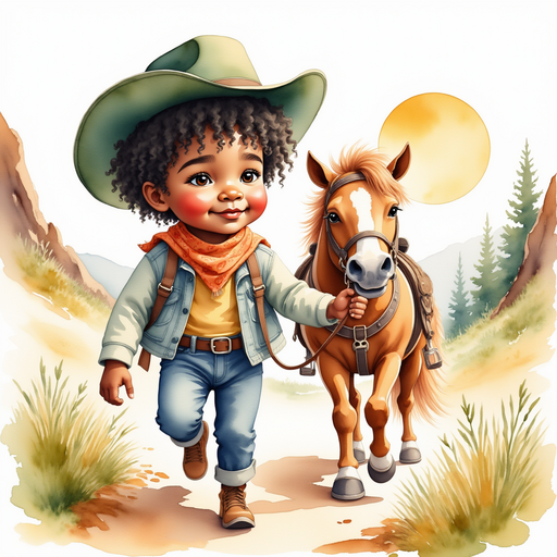 Cactus Cody - who is black - is guiding his horse along a path, the sun low in the sky. In the background rugged rocks and sparse pine trees line a narrow trail