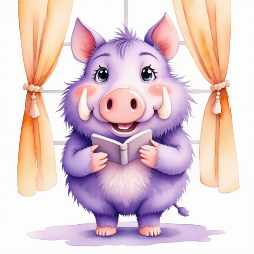 Brutus smiling widely, a joke book balanced on his snout. In the background a bright window with golden curtains.