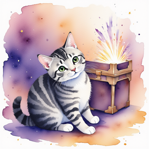 Illustrate Smokey looking amazed at the burst of magical purple and golden light from the open chest. In the background, shadows dance on the walls with the chest's radiant glow.