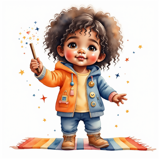Zippy Zapata waves a small wand with sparkles dancing around. In the background: A rainbow rug under his feet.