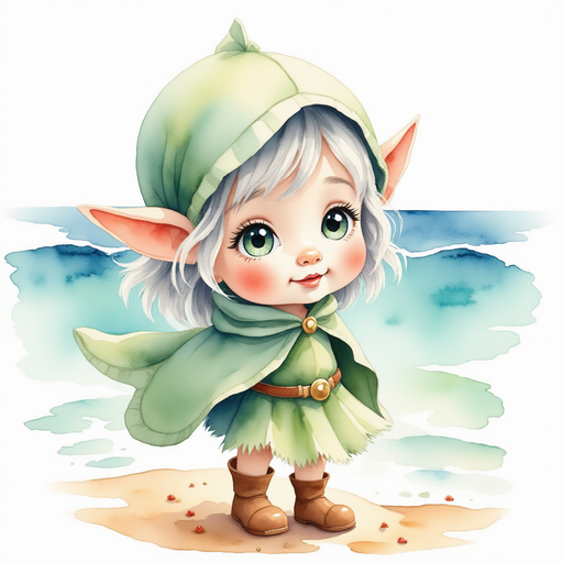 Show Flicker Sparkleaf with her pointy ears by the sparkling shore, smiling at the water. In the background, turquoise waves shimmer.