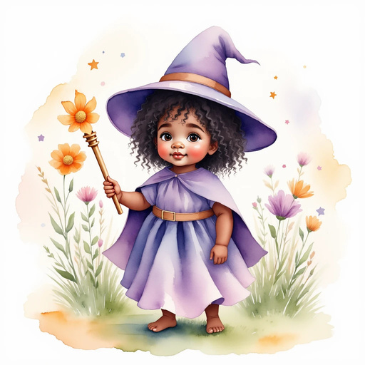 Willow Charms stands on soft grass, holding her wand with a twinkle in her eyes. In the background, tall flowers gently sway.
