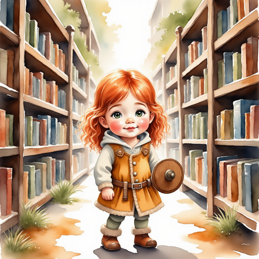 Bolda the Bright gazing up at the shelves with wide eyes. In the background, rows of glowing books along lofty shelves.