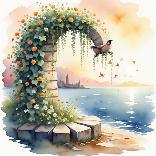 That spiral vine wraps around the stone as loose petals flutter in the wind In the background, rolling thunderheads block the sun