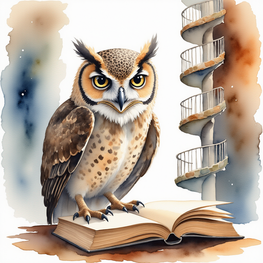 The ancient owl peers over a brass-bound book, his expression calm and knowing. In the background a spiral staircase leads upward.