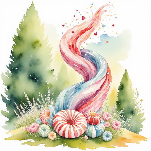 A grand sugar tornado sculpture twisting upward in the garden, without showing any characters. In the background, tall hedges made of peppermint sticks