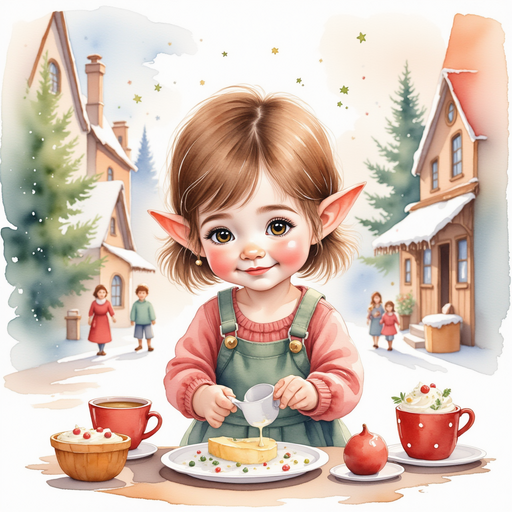 An elf named Bella eagerly mixing vibrant icing colors in preparation for the competition decorations. A bustling village square filled with light-hearted festive activities.