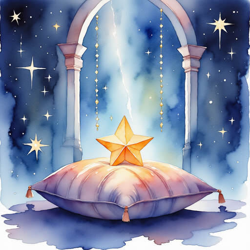 A single glowing star resting on a luxurious cushion In the background: Swirling lights dancing across crystal walls