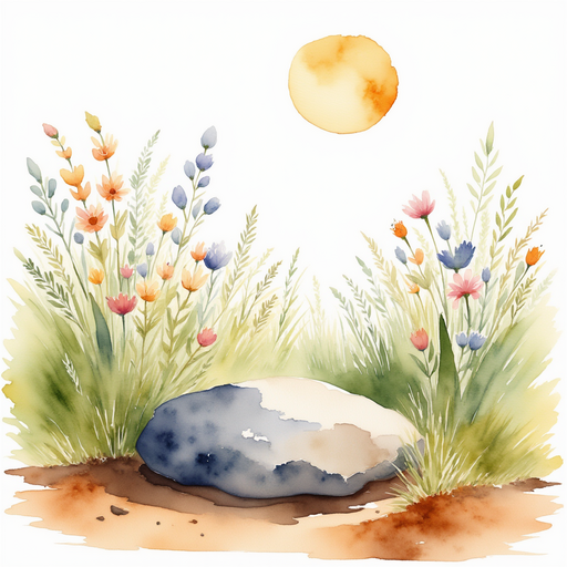 A large stone sits half-buried in the meadow soil. In the background, colorful wildflowers crowd beneath a bright sky.