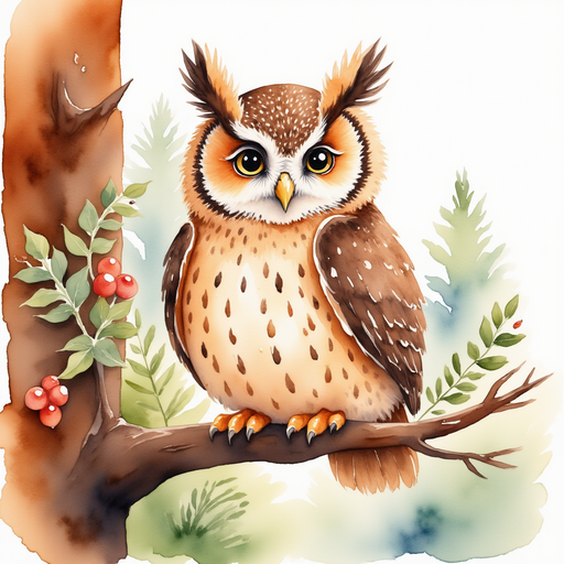 A wise old gingerbread owl perched on a chocolate tree engrossed in strategizing the riddle solution. A candy forest with sugary foliage.