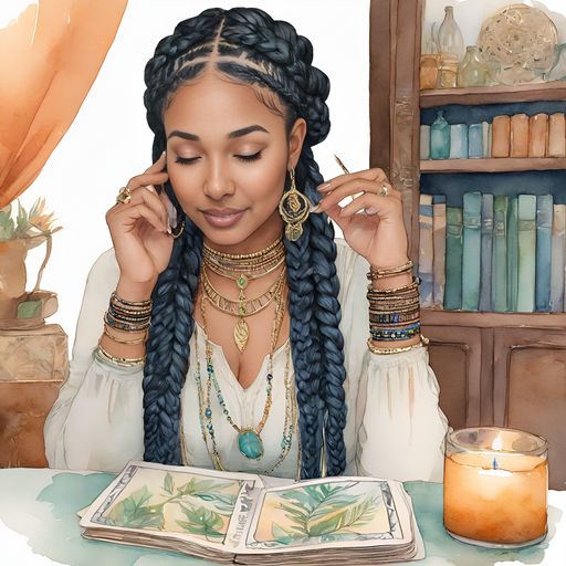 Ahgaddes tribal braid with beads jewlery and nose ring reading tarot cards foretelling sitting at a séance table in Stellaris magic shop.