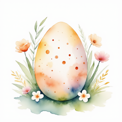 Show a bright, decorated egg with swirls and dots. In the background, gentle flowers sway.