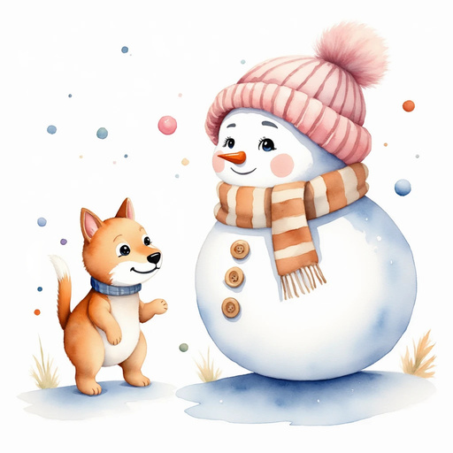 Frostyline Fable and Snifflesthe dog side by side, searching through piles of snow In the background are children giggling and pointing