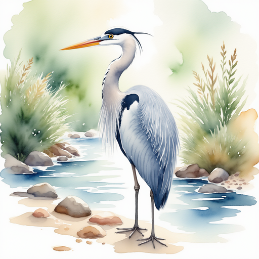 A tall heron with silver feathers and wise eyes standing serenely. In the background, a crystal-clear stream sliding over glowing pebbles.