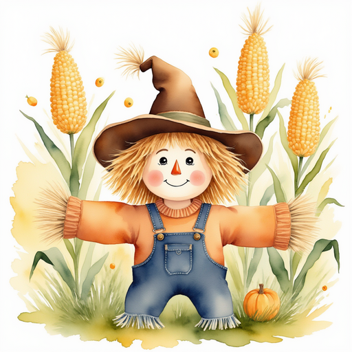 a scarecrow wearing a crooked straw hat, both smiling. In the background, tall corn stands quietly.