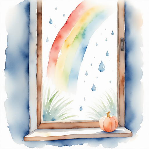 Focus on the round raindrops trickling over a marshmallow window. In the background, a faint rainbow glow peeks in.
