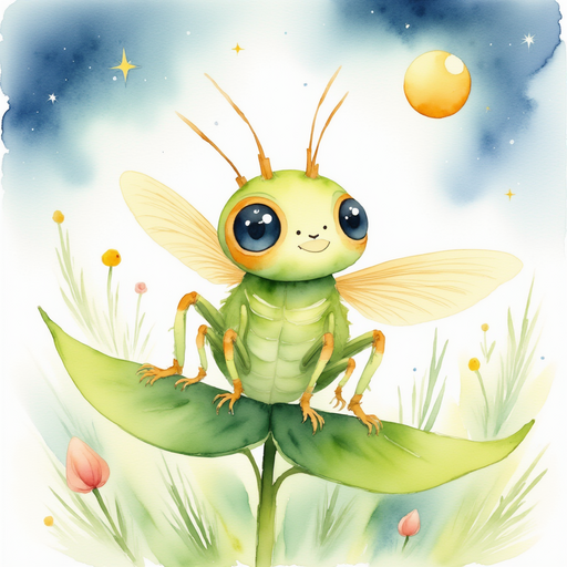 Leo sitting on a dandelion leaf looking up at the Moon. In the background, a sky sprinkled with stars and a shooting star.