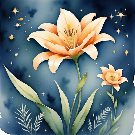 A tall, shimmering lily with glowing petals. In the background, gentle fireflies
