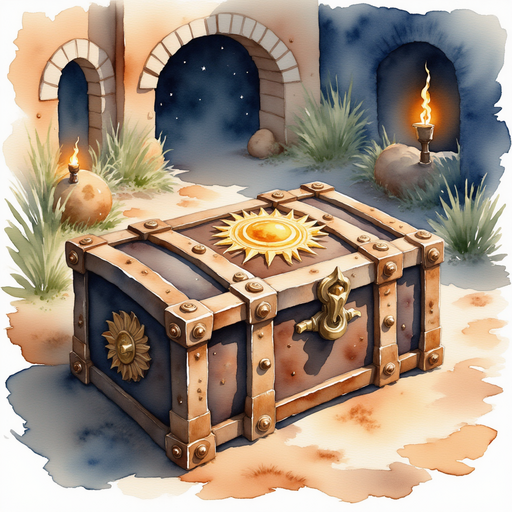 A wooden chest adorned with symbols of the sun and moon. In the background, stone walls glow with flickering torchlight.