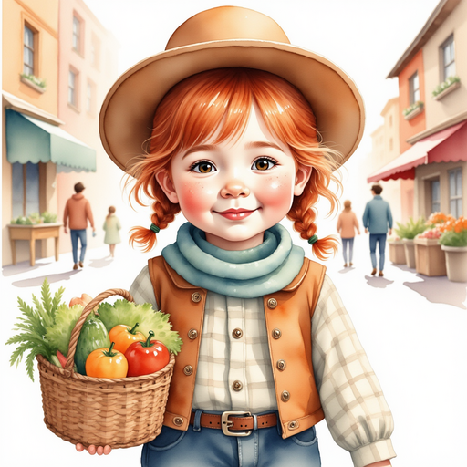 Calamity Kate carries a big woven basket filled with colorful veggies. In the background, the sun shines gently over the busy square.