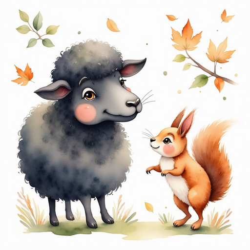 The curious squirrel stands on its hind legs, looking up at the black sheep. In the background, a tree with rustling autumn leaves.