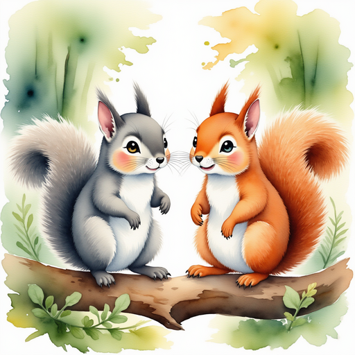 A group of chatty squirrels on a branch, animatedly discussing the troll's whereabouts. In the background, the dense trees of the Whispering Woods.