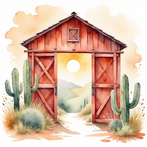 A tall red barn door stands wide open. In the background, a few cacti sway under the bright sun.