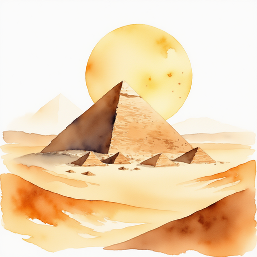 A grand pyramid glowing in golden sunlight, with sandy dunes spread out. In the background, a wide desert with gentle hills of sand.