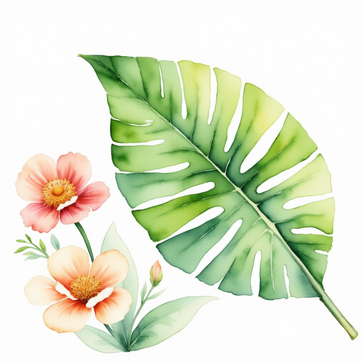 A large green leaf moved aside, showing nothing underneath. In the background, bright flowers.