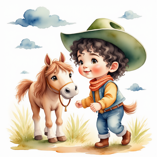 Cactus Cody pats his horse gently. In the background, puffy clouds drift in the sky.