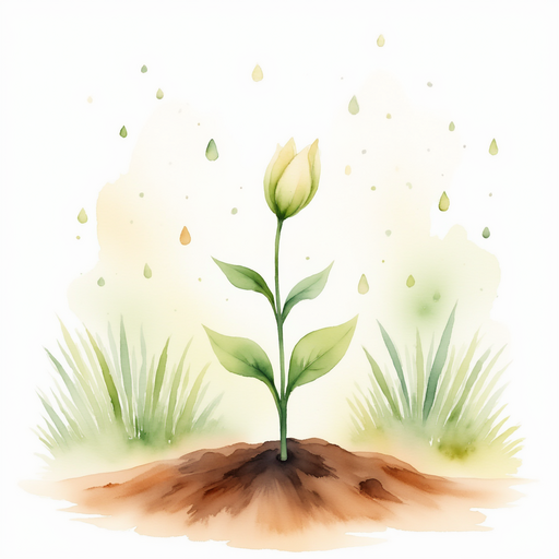 One tiny seed nestled in soft soil. In the background, gentle raindrops fall on the ground.