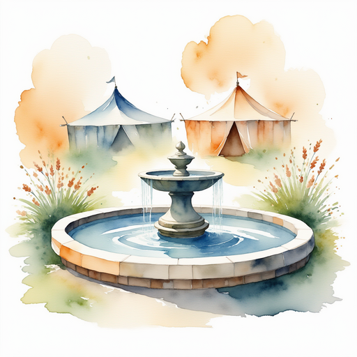 A round, stone fountain with water trickling gracefully from a carved fish spout. In the background, cloth tents cast soft, colorful shadows.