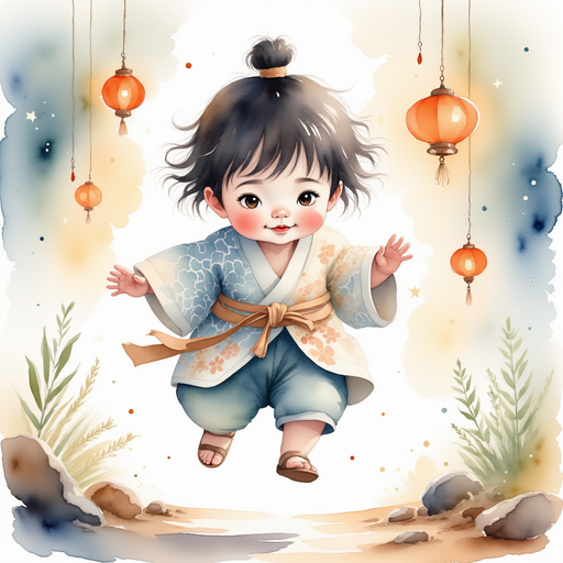 Sammy jumping carefully across pebble stones In the background, a soft glow from hidden lanterns
