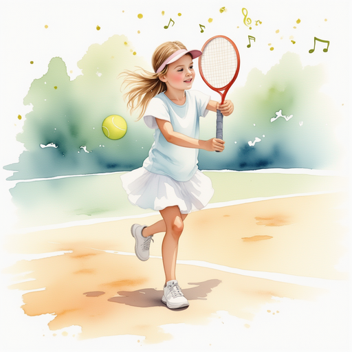Vivian playing tennis, with musical notes floating around her.