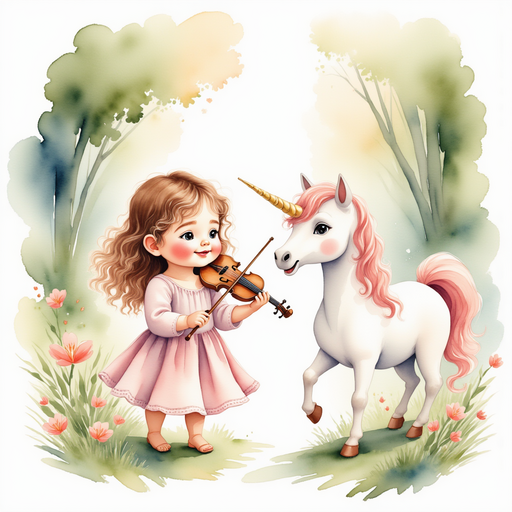 Paisley playing a song for a content centaur in the enchanted forest. In the background are swaying trees, Venus dancing and colorful blossoms in mid-air.