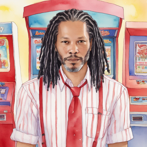 Tobias dark dreadlocks wearing red and white pin striped button-up collar shirt smirking in an arcade.