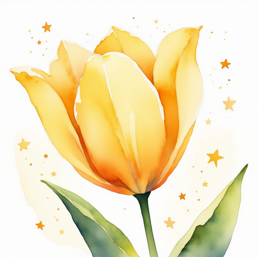 Show the glowing yellow tulip with tiny sparkles around it. In the background, drifting sparkles