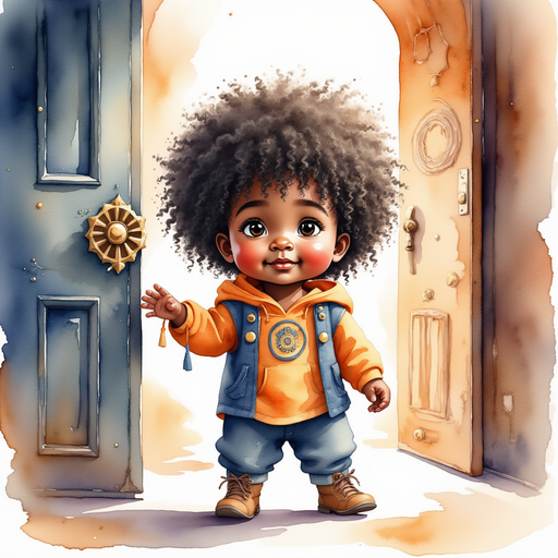 Zippy presses his palm against the castle door, feeling a soft glow. In the background, an ornate door with swirling patterns stands half-open.