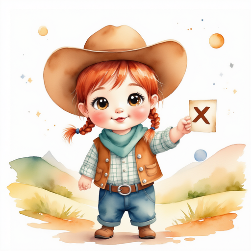 Calamity Kate pointing at a big 'X' on a paper. In the background, gentle hills under a sunny sky