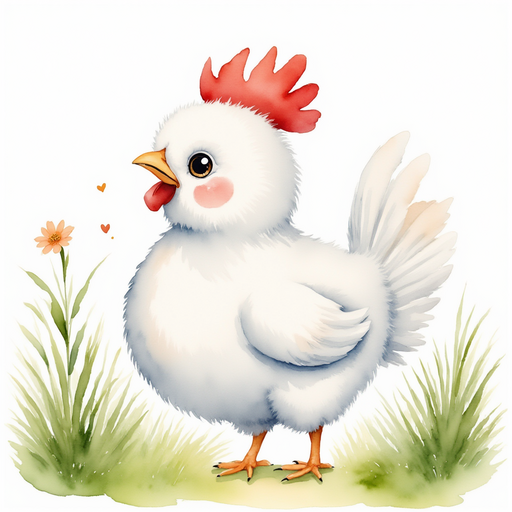 Show Cluckster leaning in, wings wide, near the sad flower. In the background, tall green grass