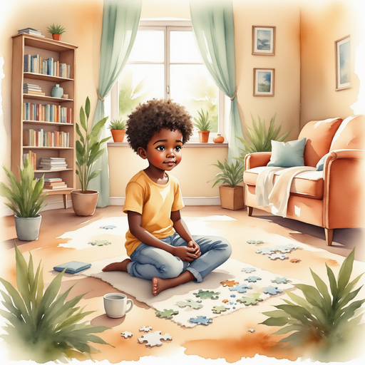 A cozy apartment filled with puzzles, with Michael sitting on the floor, deeply engrossed in a puzzle.