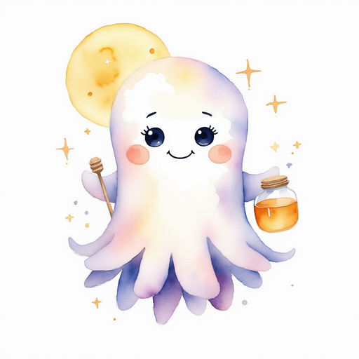 Glimmer Puff holding a small jar of honey, beaming happily. In the background, the golden sun sinks softly.
