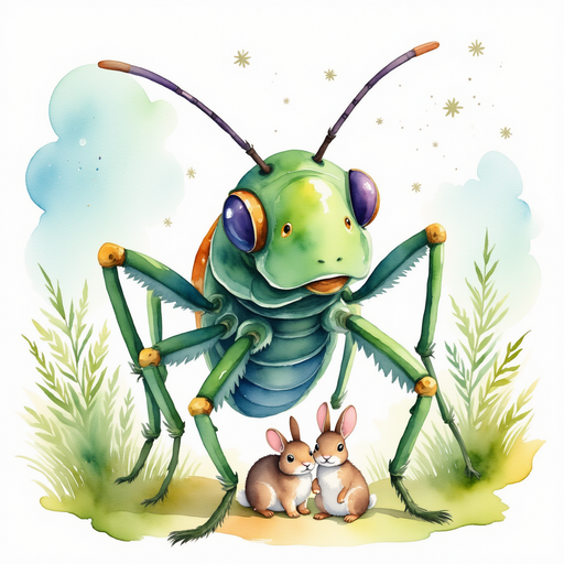 Buzzywhirl peers at a small rabbit family huddled by a patch of grass. In the background, gentle moonbeams illuminate the oasis