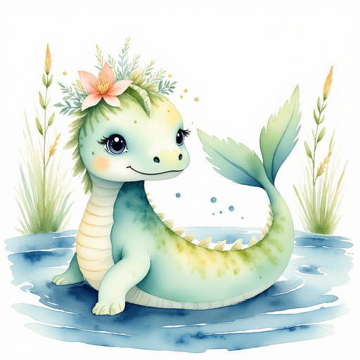Nessie Sparkles bobs in the water. In the background, tall reeds sway.