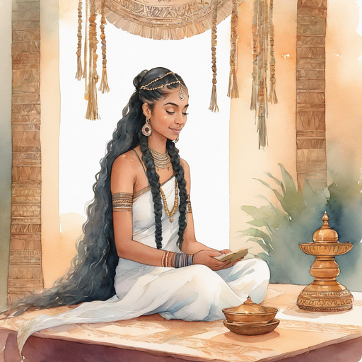 Ahgaddes crowned with long curly hair in tribal ponytails. Empty ceremonial table in the atmospheric ritual room.