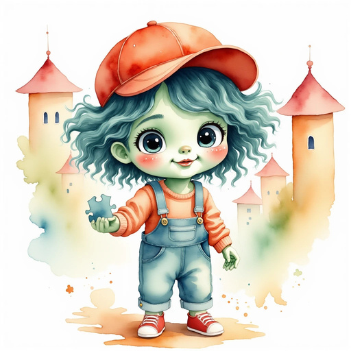 Zigzag Zander holds a small puzzle piece. In the background, pastel rooftops shine.